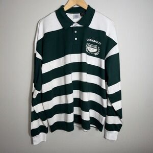 GM Mens Chevrolet Rugby Shirt Long Sleeve Hunter Green White Striped Polo Sz‎ M